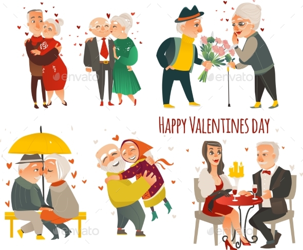 Set of Elder Senior Couples in Love, Valentine Set - People Characters