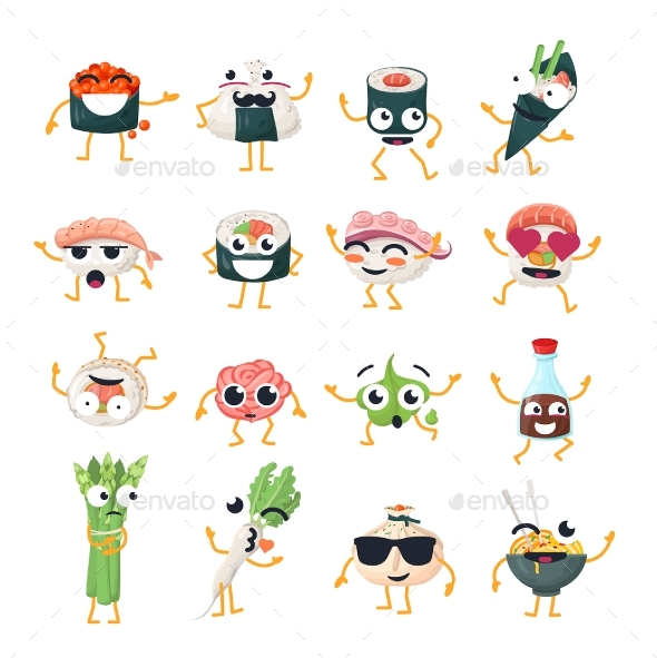 Sushi and Wok - Vector Isolated Cartoon - Miscellaneous Characters