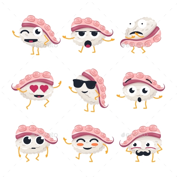 Funny Sushi - Vector Isolated Cartoon Emoticons - Miscellaneous Characters
