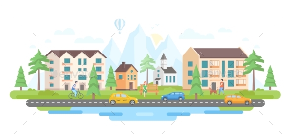 City By the Mountains - Modern Flat Design Style - Buildings Objects