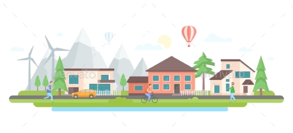 Landscape with Hills - Modern Flat Design Style - Buildings Objects