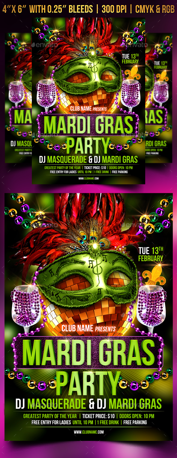 Mardi Gras Party Flyer Template - Clubs & Parties Events