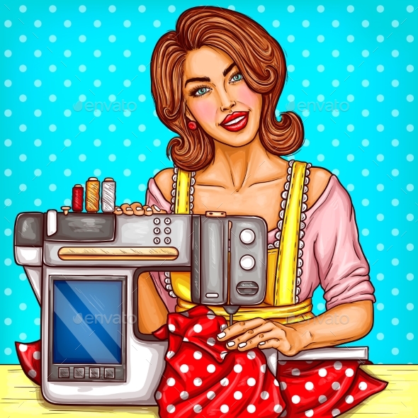 Vector Pop Art Woman Seamstress Sews on Machine - People Characters