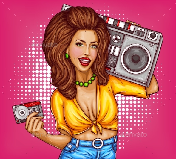Vector Pop Art Woman with Tape Recorder - People Characters
