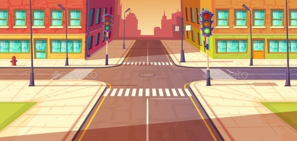 City Crossroads, Intersection Vector Illustration - Buildings Objects