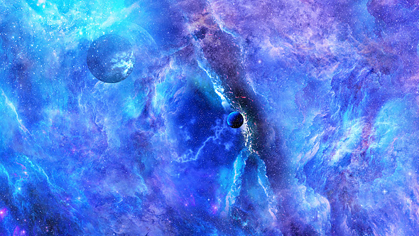 Flying Through Abstract Blue Space Nebula with Planets and Big Blue Star