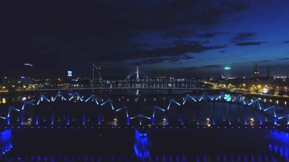 Riga City Night Time Bridge Autumn Drone Flight alt
