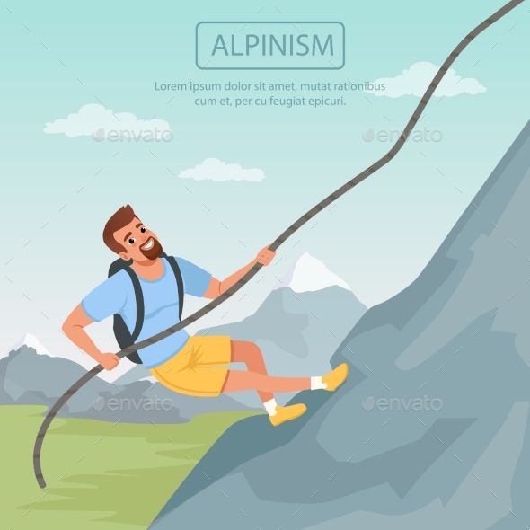 Bearded Man Climbing on Mountain Using Rope - People Characters