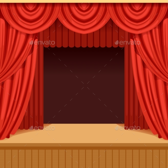 Theater Scene with Red Curtain and Dark Scenery - Backgrounds Decorative