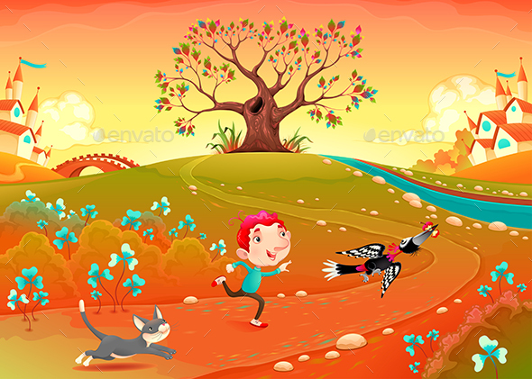 Friendship Between a Boy, Woodpecker and Kitten - Animals Characters