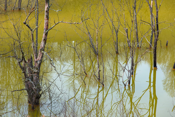 Industrial waste lake of Geamana. Green pollution lake with mining gold and copper residuals - Stock Photo - Images
