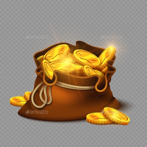 Cartoon Bag with Gold Coins Isolated - Man-made Objects Objects