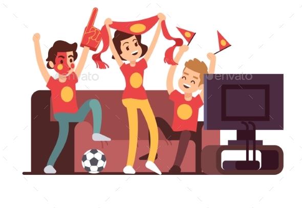 Soccer Fans and Friends Watching TV on Couch - People Characters