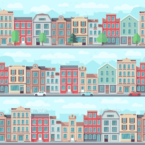 Cartoon Seamless Street with Old Apartment