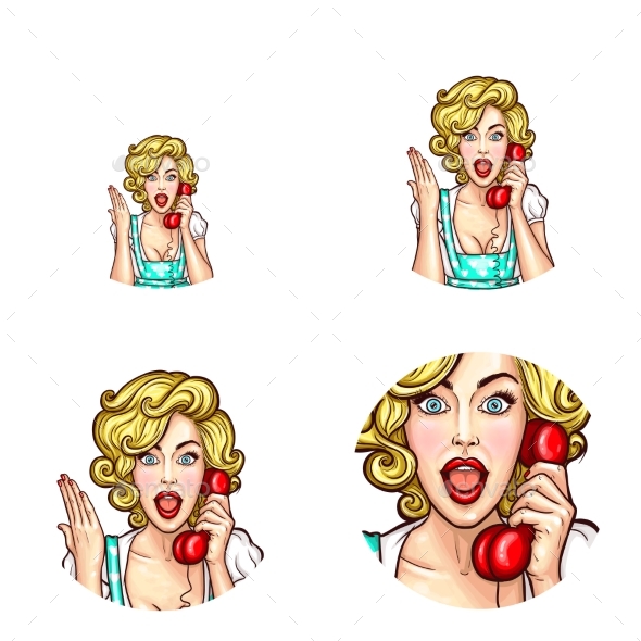 Pop Art Woman or Girl Speaking By Phone Receiver - People Characters
