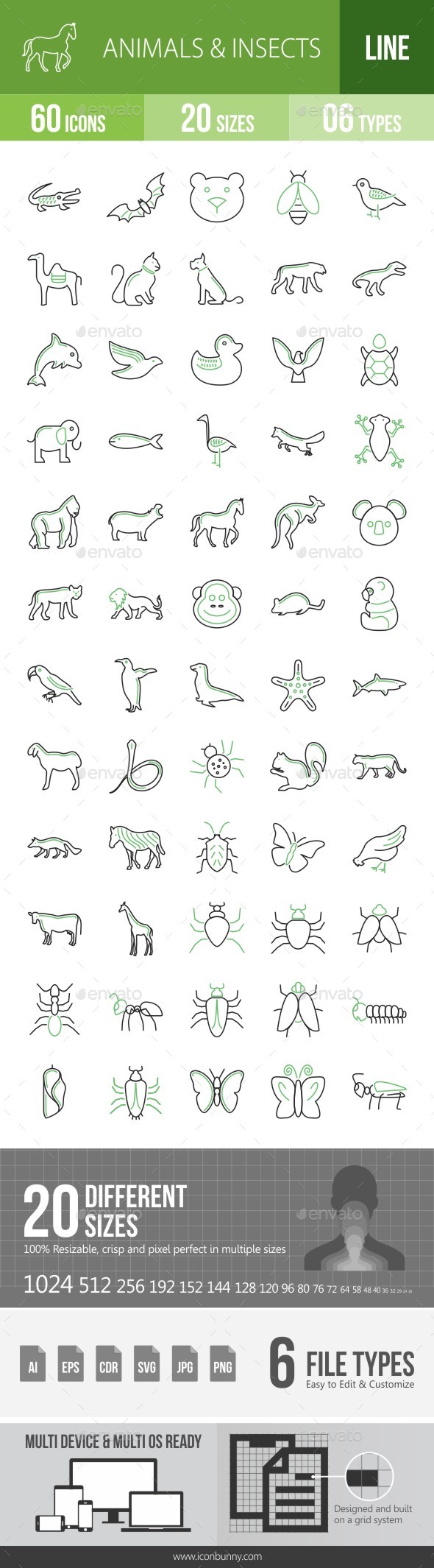 60 Animals & Insects Green & Black Line Icons - Icons