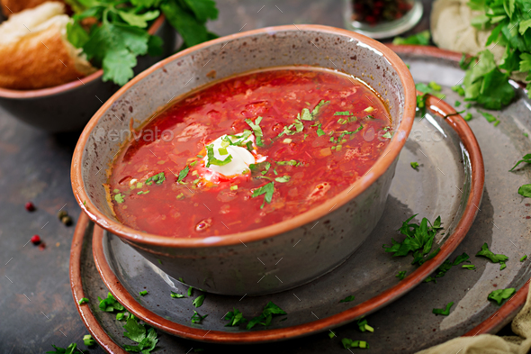 Traditional Ukrainian Russian borscht with beef on the bowl Stock Photo ...