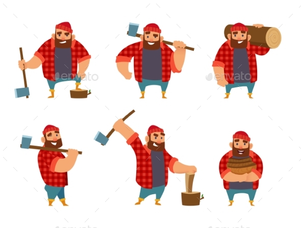 Lumberjack in Different Poses Holding Axe in Hands - People Characters