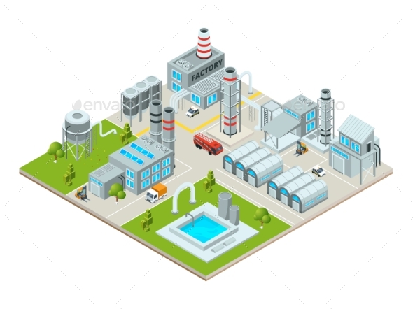 Outdoor Landscape with Factory Buildings - Buildings Objects
