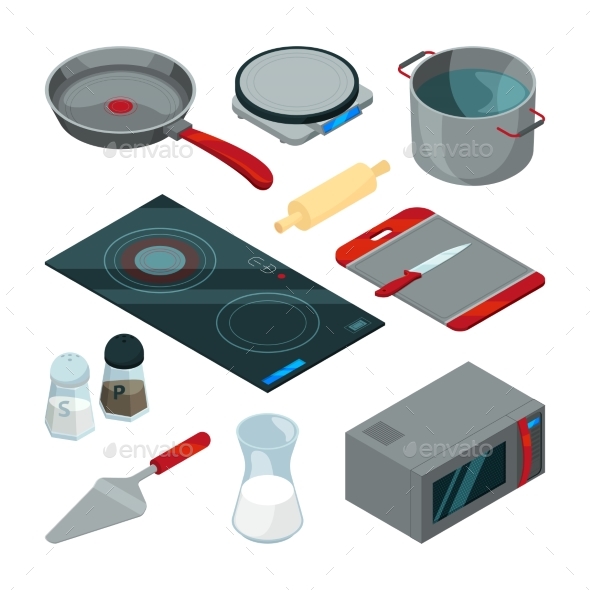 Kitchen Tools for Cooking. Isometric Pictures Set - Objects Vectors
