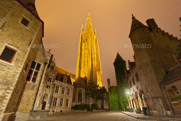 Church Of Our Lady In Bruges At Night - Stock Photo - Images