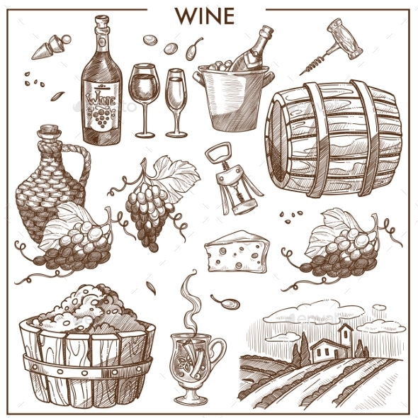 Wine Promotional Poster in Sepia Colors - Food Objects