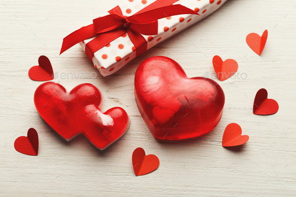 Valentine day background, handmade hearts on wood with copy space - Stock Photo - Images