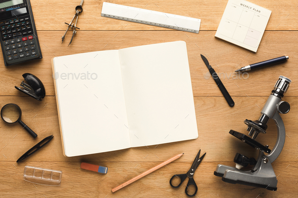Desktop with various stationery for school education, top view - Stock Photo - Images