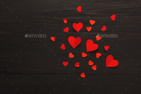 Valentine day background, handmade hearts on wood with copy space - Stock Photo - Images