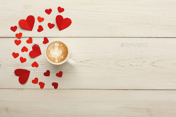Valentine day background, handmade hearts on wood with copy space - Stock Photo - Images