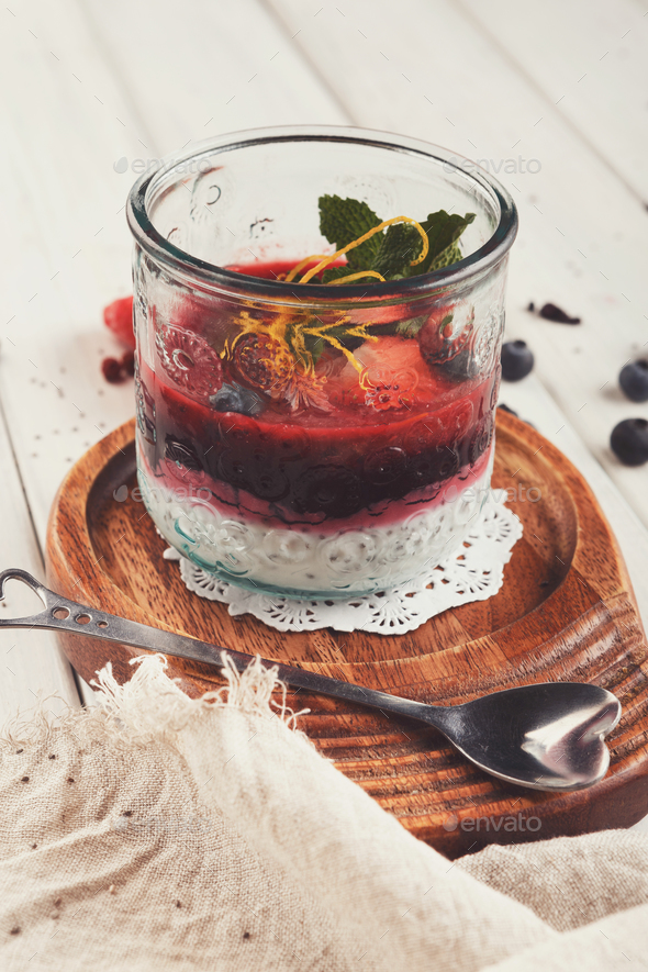 Chia pudding with berries, healthy restaurant dessert Stock Photo by Milkosx