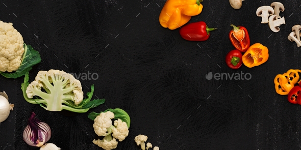Collage of various vegetables on black background, isolated - Stock Photo - Images