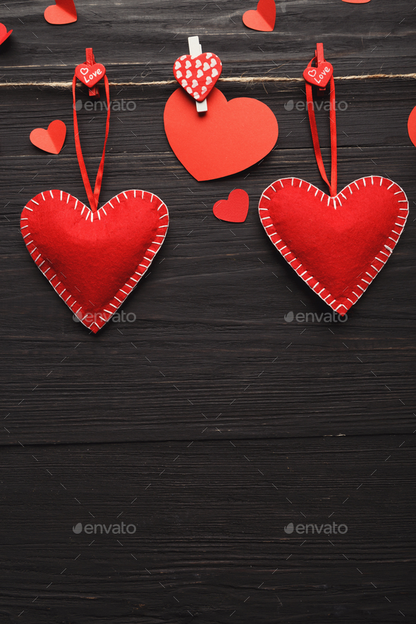 Valentine day background, handmade hearts on wood with copy space - Stock Photo - Images
