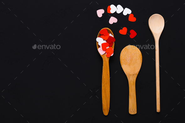 Valentine background, paper hearts and wooden spoons - Stock Photo - Images