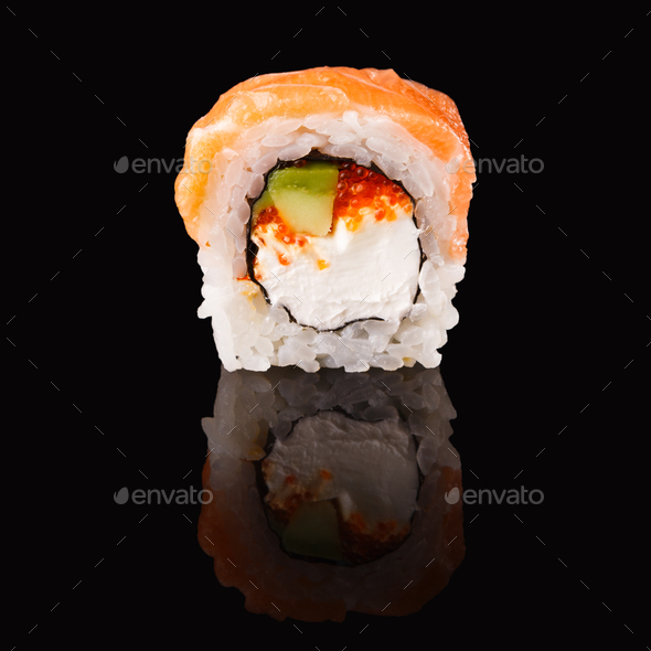 Japanese roll on black mirroring background - Stock Photo - Images