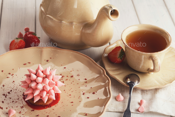 Pink restaurant dessert on porcelain plate - Stock Photo - Images