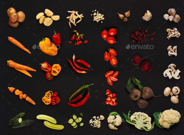 Collage of various vegetables on black background, isolated - Stock Photo - Images