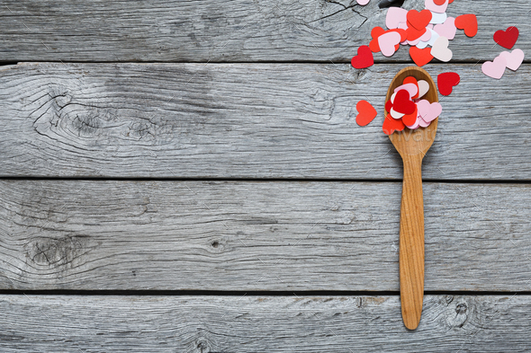 Valentine background, paper hearts and wooden spoon - Stock Photo - Images