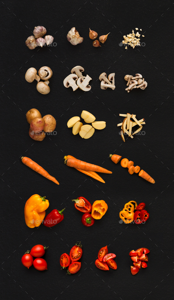 Collage of various vegetables on black background, isolated - Stock Photo - Images