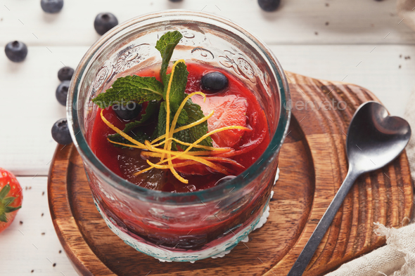 Chia pudding with berries, healthy restaurant dessert - Stock Photo - Images