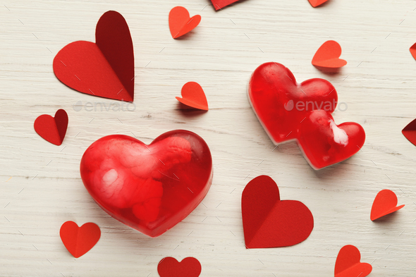 Valentine day background, handmade hearts on wood with copy space - Stock Photo - Images