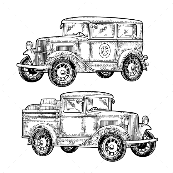 Retro Police Car and Pickup Truck with Barrels - Travel Conceptual