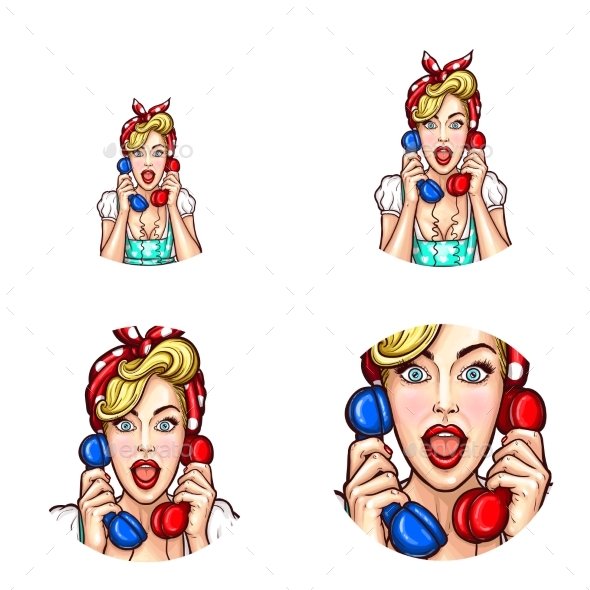 Pop Art Woman or Girl Speaking Gossip on Phone - People Characters