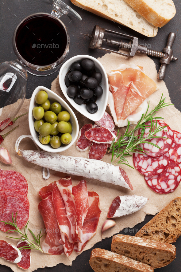 Salami, sausage, prosciutto and wine - Stock Photo - Images
