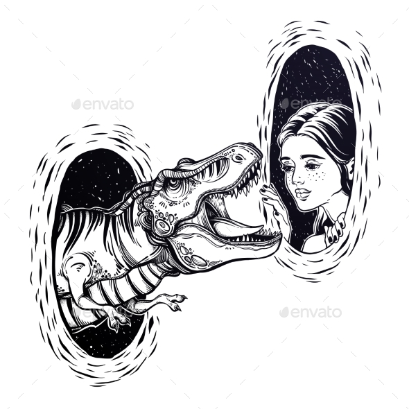 Girl in Magic Teleport and Tyrannosaurus Dinosaur. - Monsters Characters