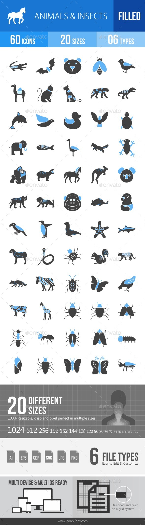 60 Animals & Insects Filled Blue & Black Icons - Icons