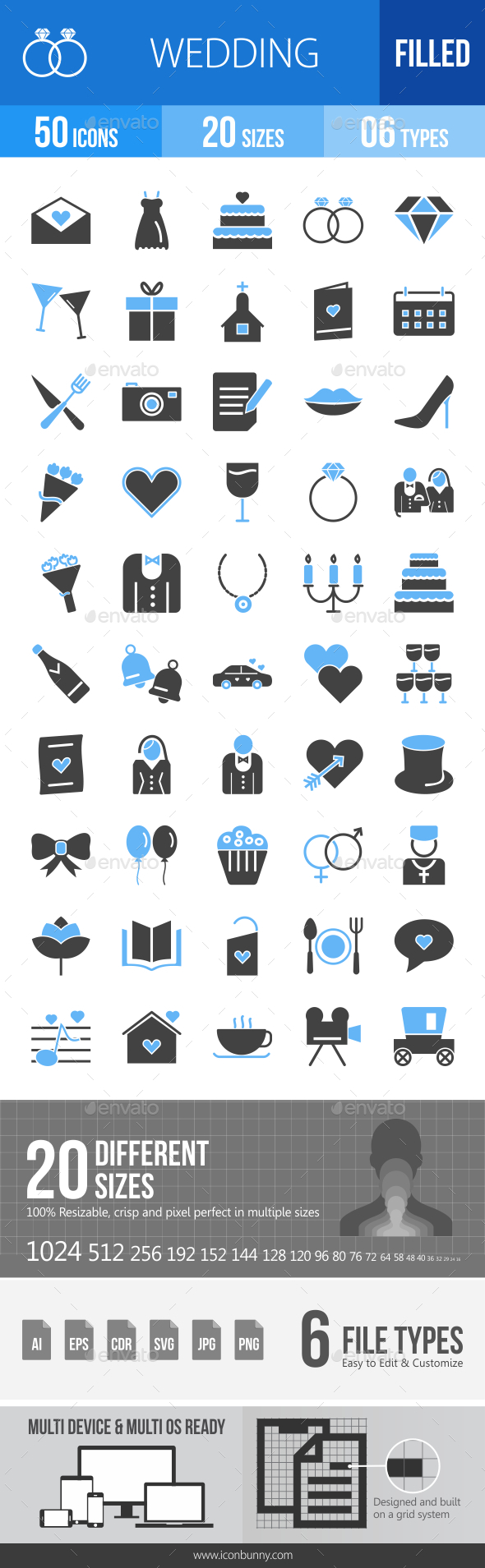 50 Wedding Filled Blue & Black Icons - Icons