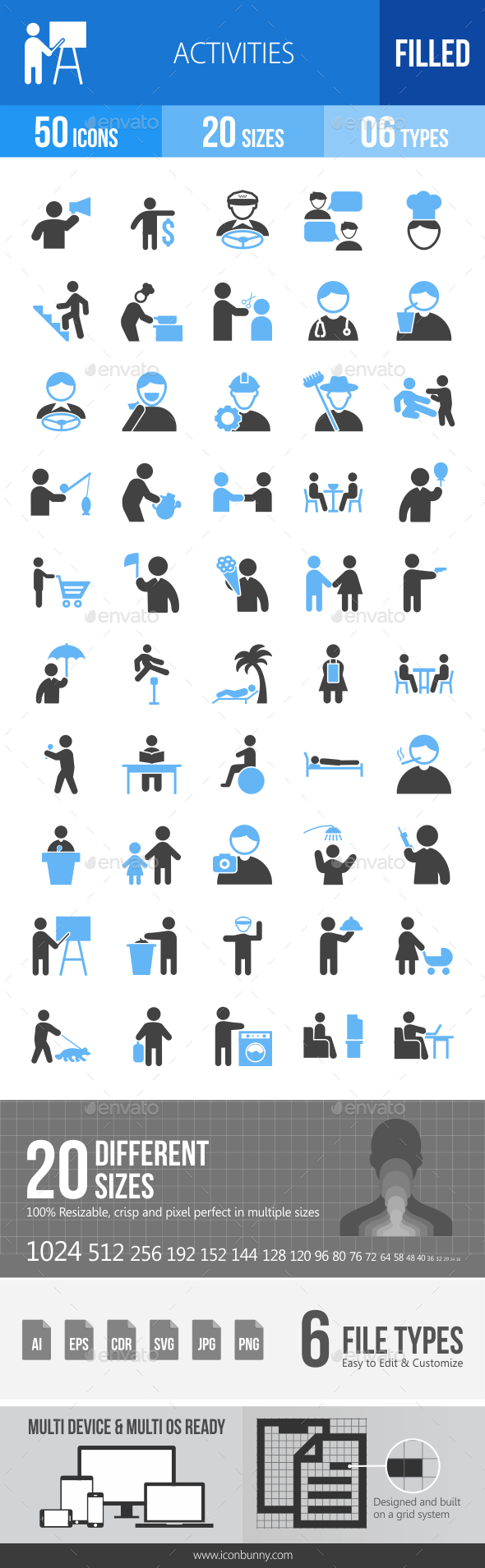 50 Activities Filled Blue & Black Icons - Icons