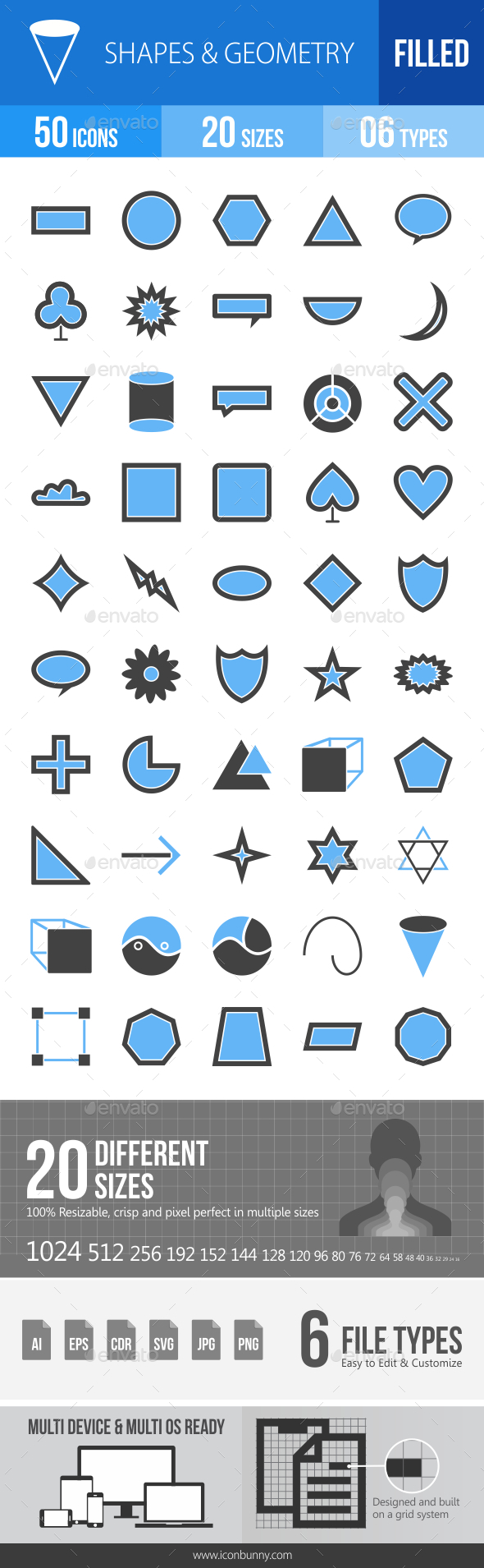 50 Shapes & Geometry Filled Blue & Black Icons - Icons