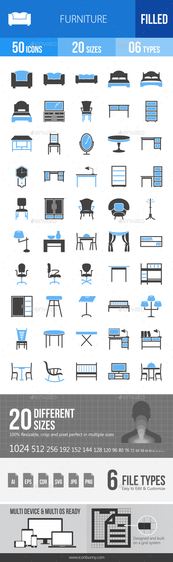 50 Furniture Filled Blue & Black Icons - Icons